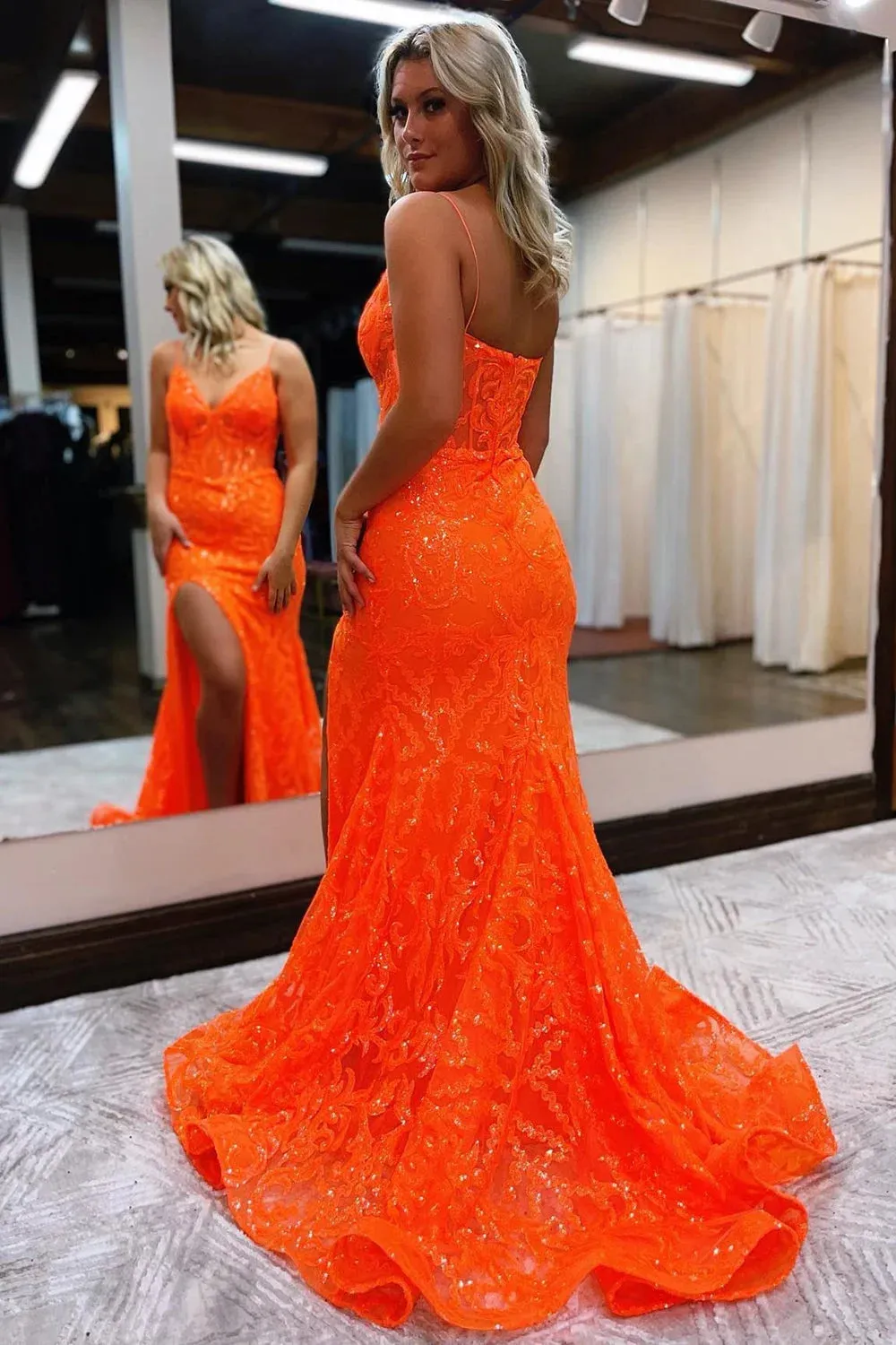 Sexy Spaghetti Strap Prom Dress Glitter Embroid Party Dress Orange Mermaid Vestidos De Noche - Image 3