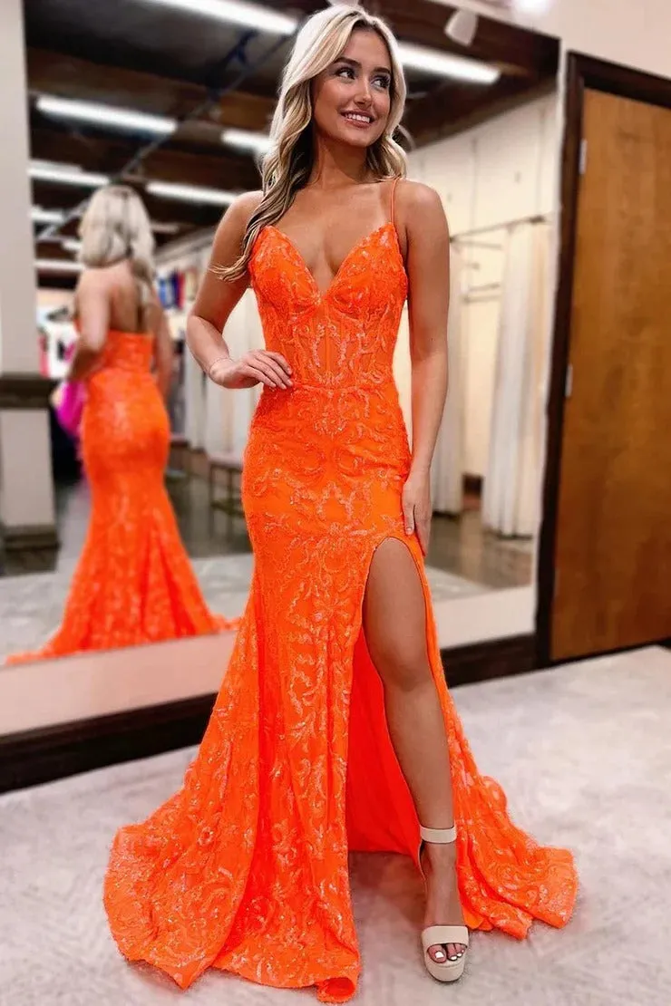 Sexy Spaghetti Strap Prom Dress Glitter Embroid Party Dress Orange Mermaid Vestidos De Noche - Image 4