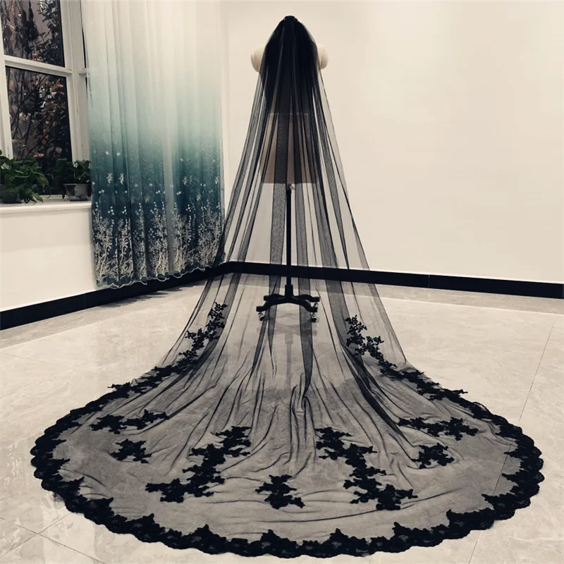 1 Layer Black Applique Wedding Veil Lace Cathedral Length Bridal Veil