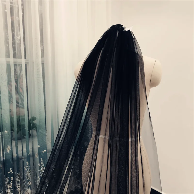1 Layer Black Applique Wedding Veil Lace Cathedral Length Bridal Veil - Image 4