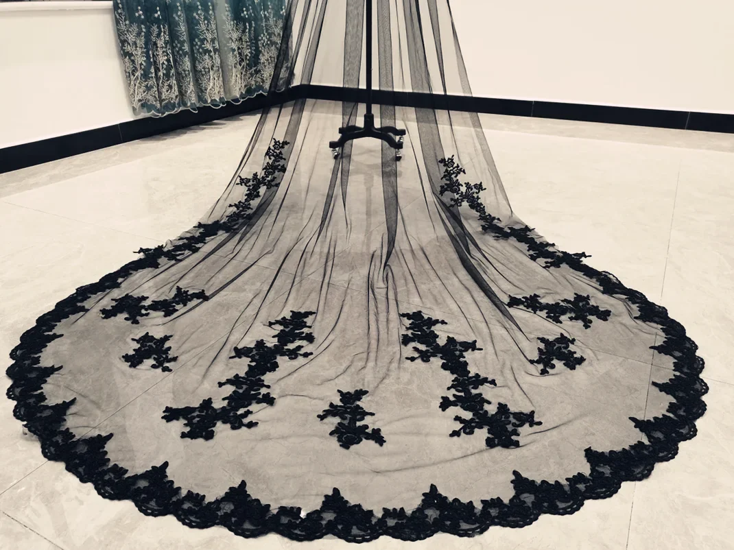 1 Layer Black Applique Wedding Veil Lace Cathedral Length Bridal Veil - Image 5