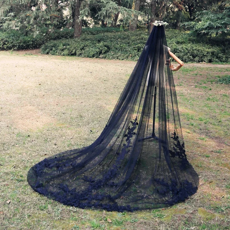 1 Layer Black Lace Wedding Veil Cathedral Length 3 Meters Bridal Veil - Image 2
