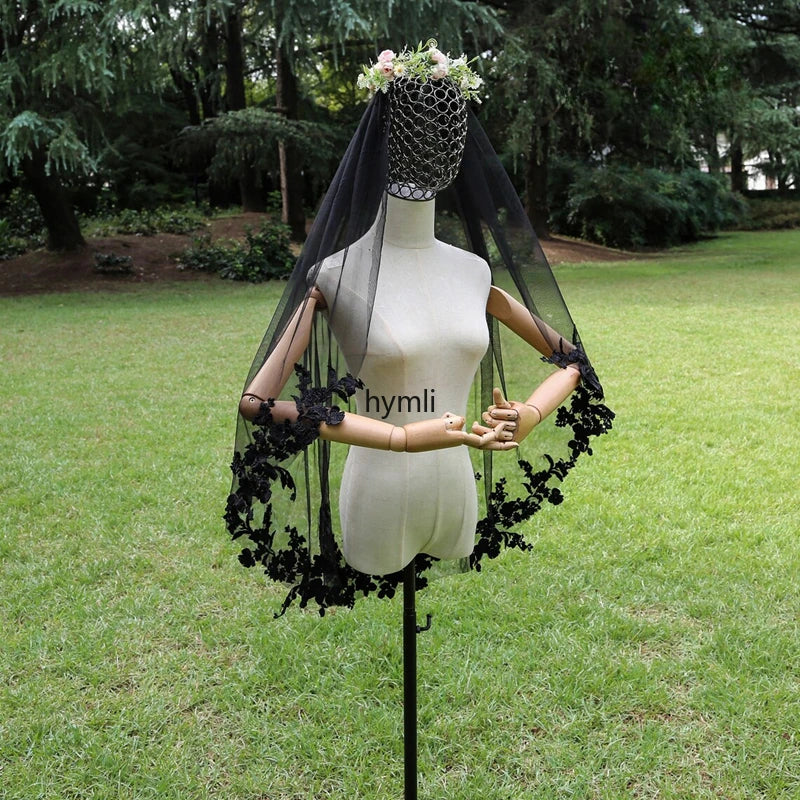 1 Layer Bridal Veil with Black Lace Applique Wedding Dress Fingertip Black Wedding Veil - Image 4