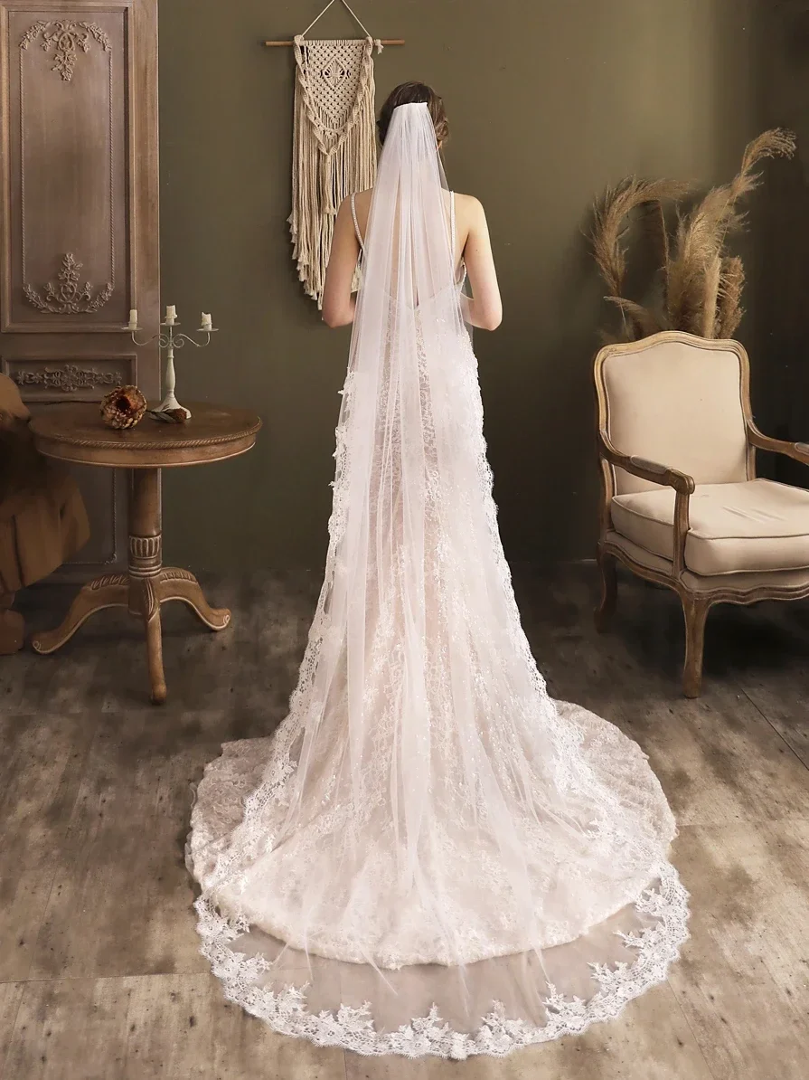 1 Layer Lace Wedding Veil Chapel Bridal Accessories Ivory Long Bride Veil - Image 3