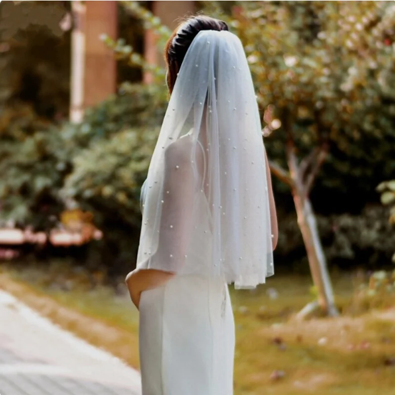 1 Layer Pearl Bridal Veil Elbow Length Wedding Veil with Metal Comb