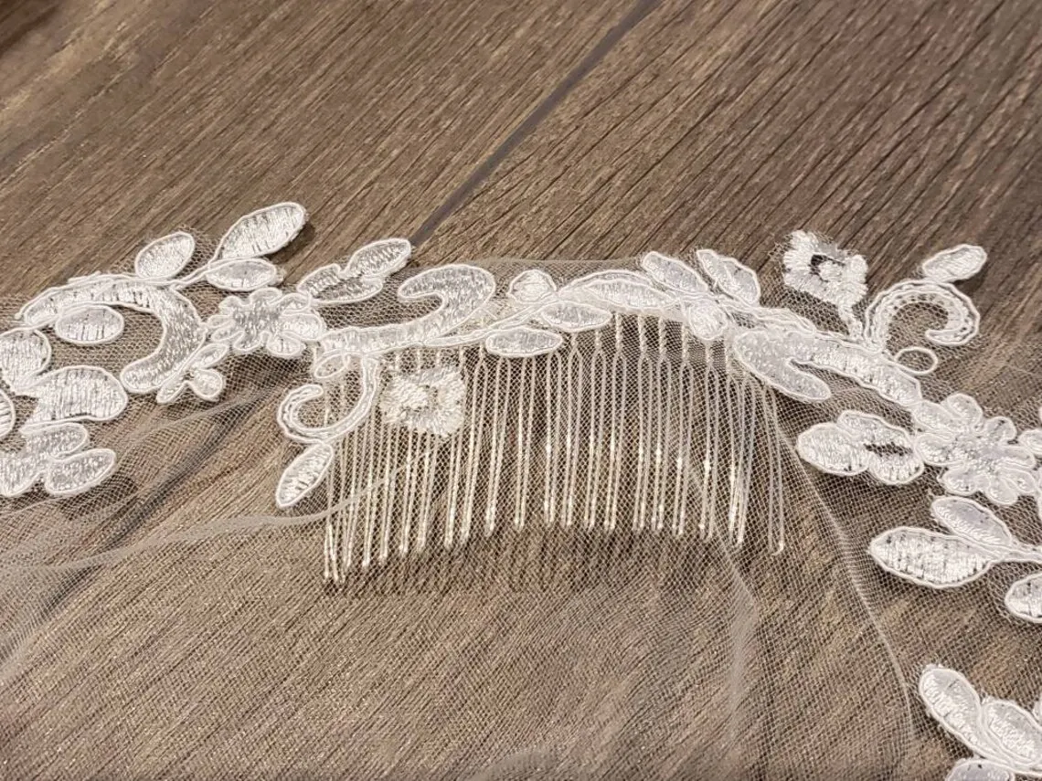 1 Tier Lace Applique Wedding Veil Cathedral Length Bridal Veil - Image 4