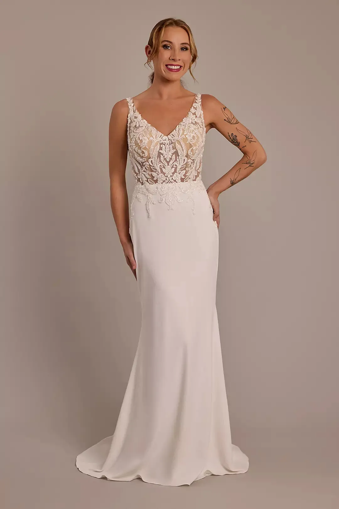 illusion lace bodice crepe tank wedding dress