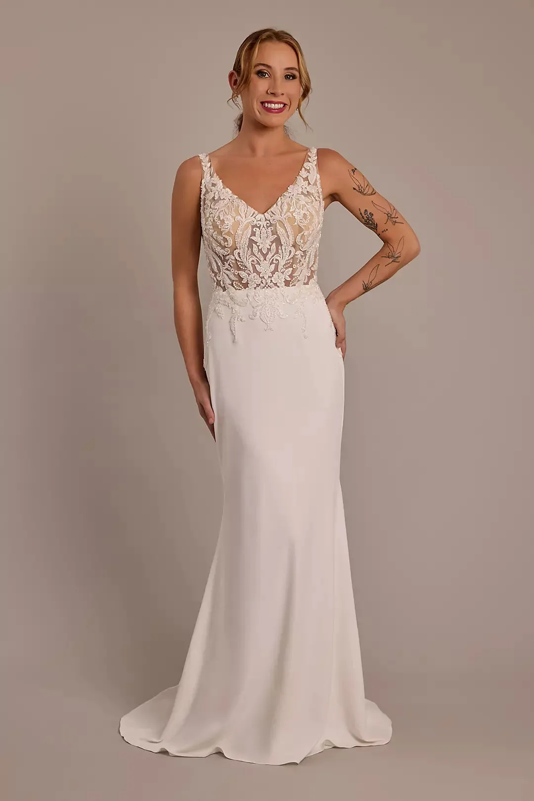illusion lace bodice crepe tank wedding dress - Image 3