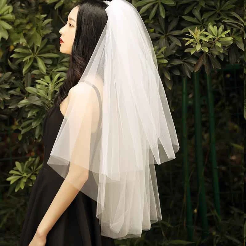 2 Layer Cut Edge Wedding Veil with Metal Comb in White ,Light Ivory - Image 2