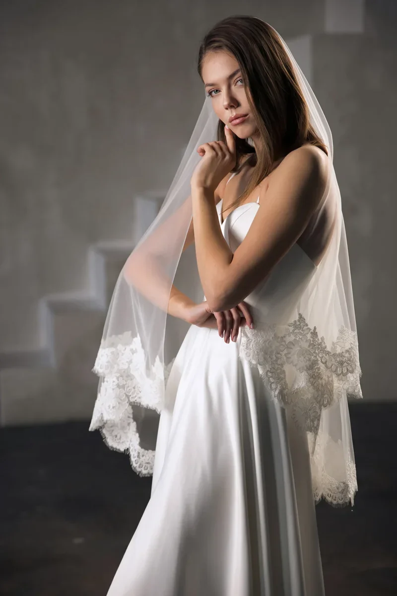 2 Layer Lace Trim Wedding Veil White Off-White Ivory Tulle Bridal Veil with Metal Comb - Image 2