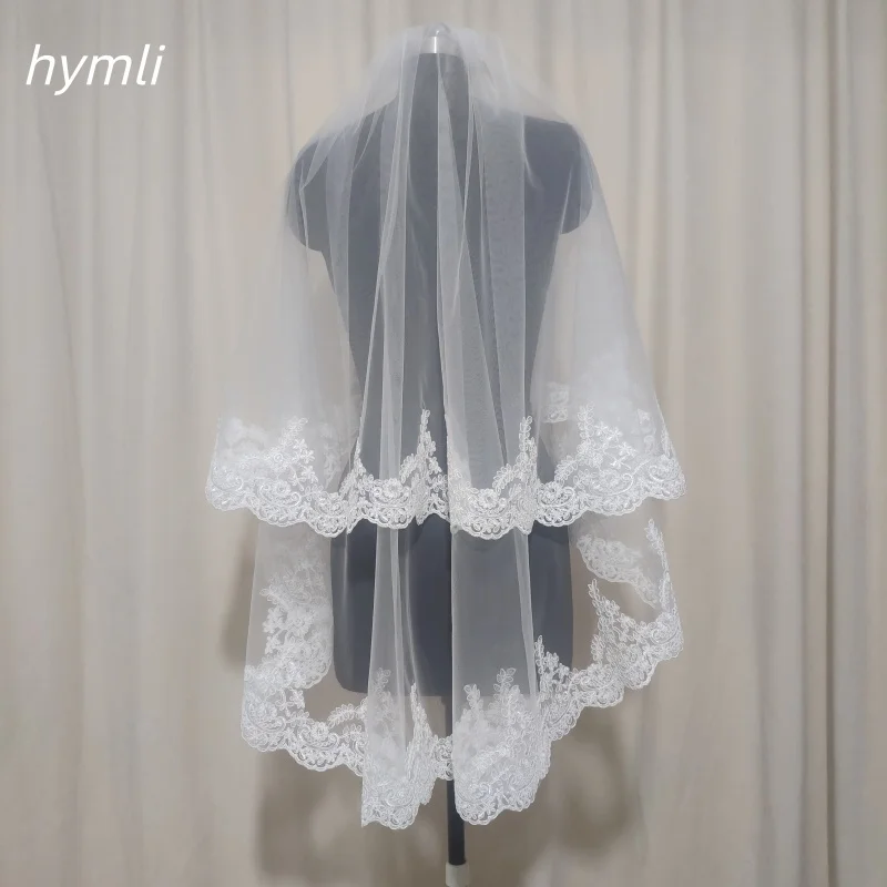 2 Layer Lace Wedding Veil Fingertip Length Off-White Bridal Veil Metal Comb - Image 2