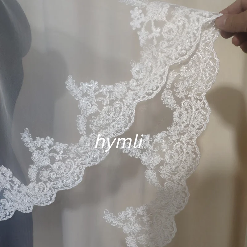 2 Layer Lace Wedding Veil Fingertip Length Off-White Bridal Veil Metal Comb - Image 3