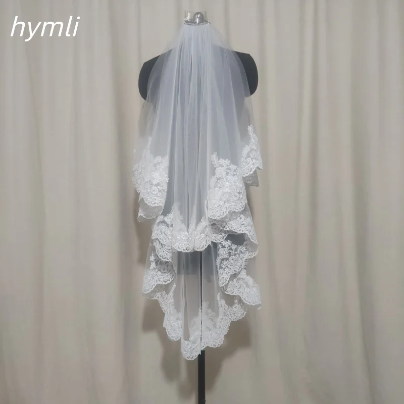 2 Layer Lace Wedding Veil Fingertip Length Off-White Bridal Veil Metal Comb - Image 4