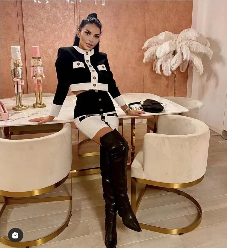 2021 High Street Summer Patchwork 2 Two-Piece Set O-Neck Long Sleeve Pocket Button Mini Bandage Dress Female Short Set - Image 2