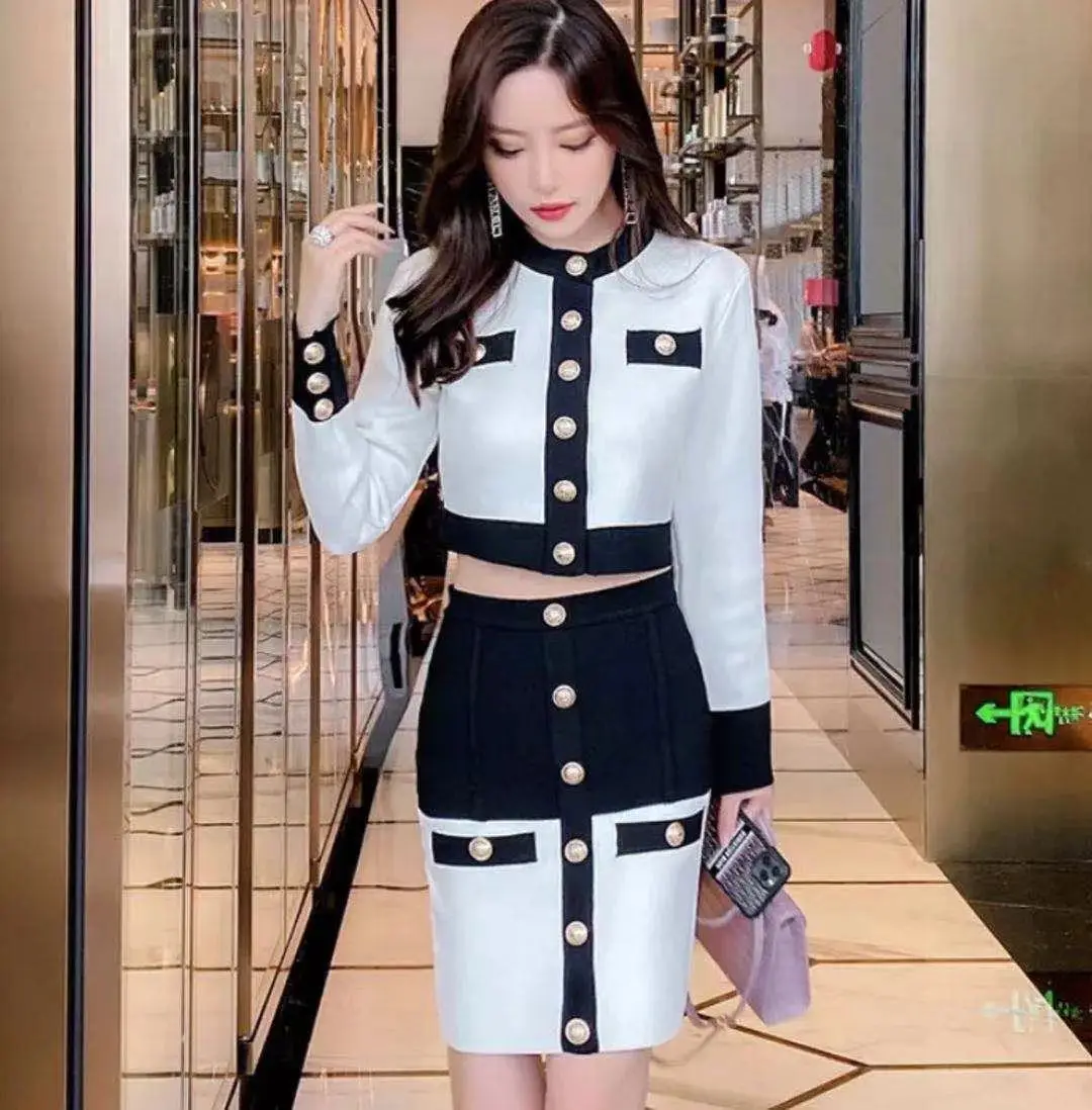 2021 High Street Summer Patchwork 2 Two-Piece Set O-Neck Long Sleeve Pocket Button Mini Bandage Dress Female Short Set - Image 3