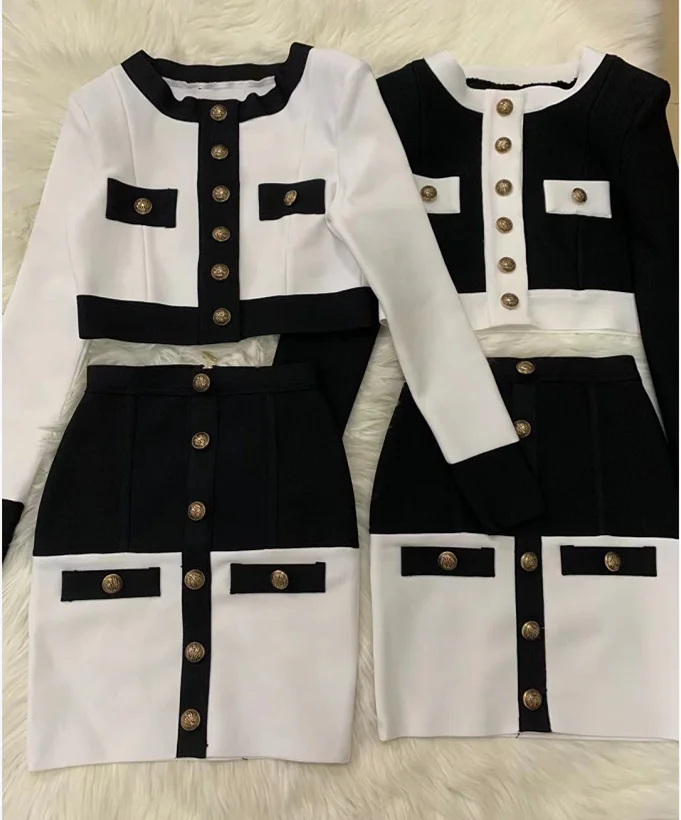 2021 High Street Summer Patchwork 2 Two-Piece Set O-Neck Long Sleeve Pocket Button Mini Bandage Dress Female Short Set - Image 4