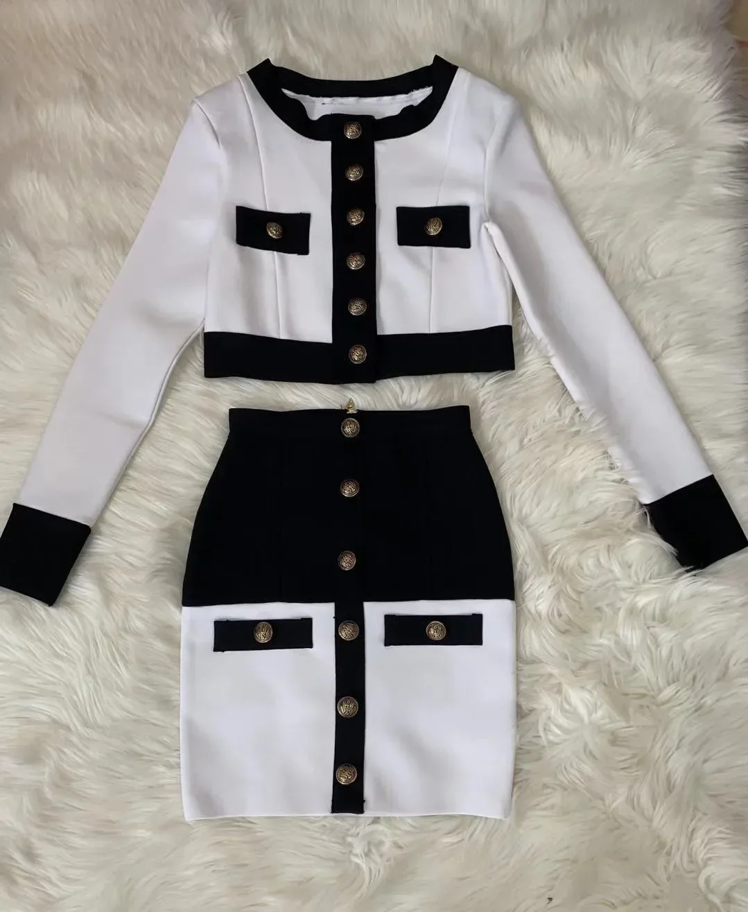 2021 High Street Summer Patchwork 2 Two-Piece Set O-Neck Long Sleeve Pocket Button Mini Bandage Dress Female Short Set - Image 5