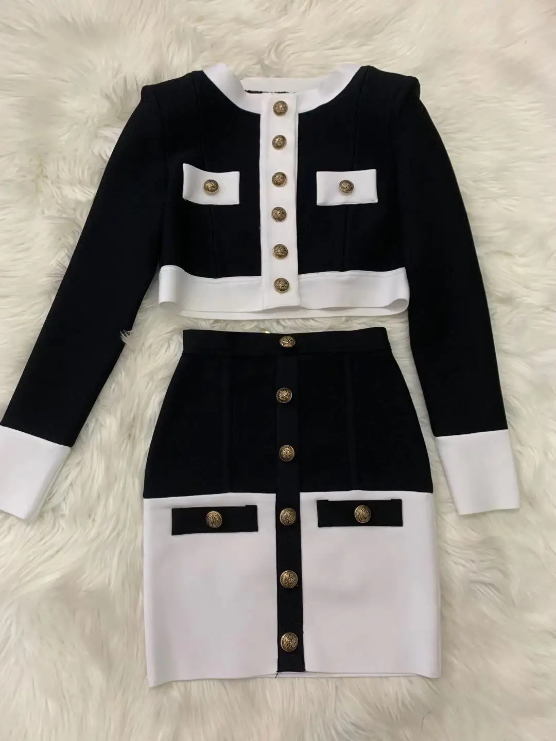 2021 High Street Summer Patchwork 2 Two-Piece Set O-Neck Long Sleeve Pocket Button Mini Bandage Dress Female Short Set - Image 7