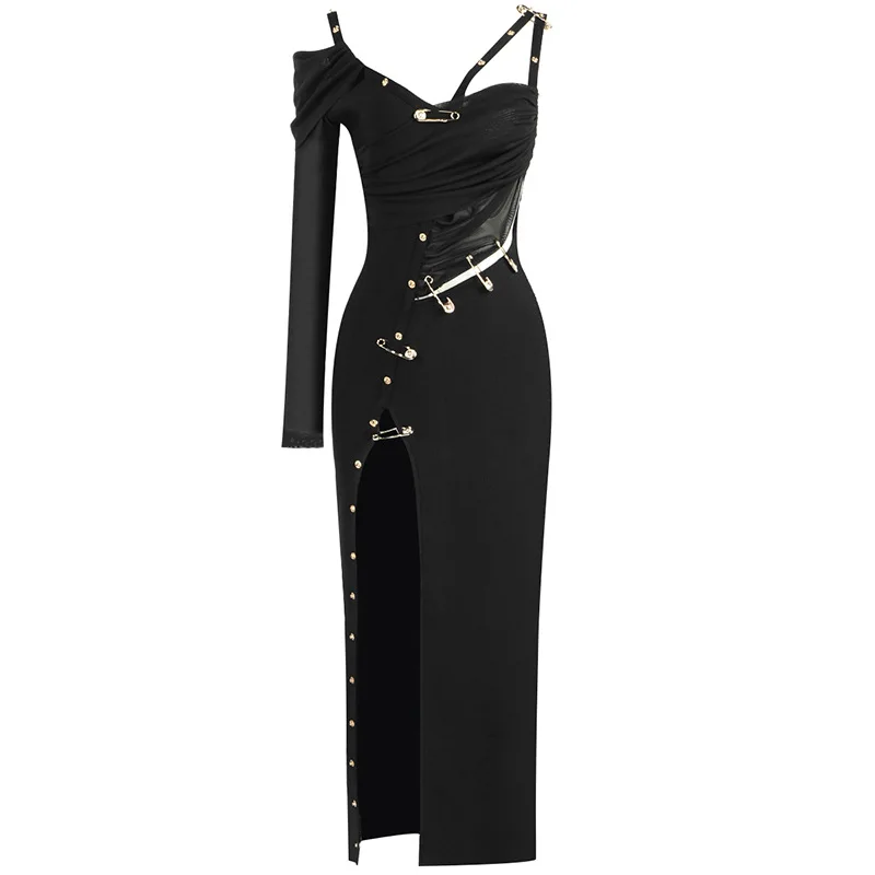 Autumn Golden Clip Hollow Out One Shoulder High Split Long Dress Fashion Woman Evening Party Dress Cocktail Party Vestido - Image 5