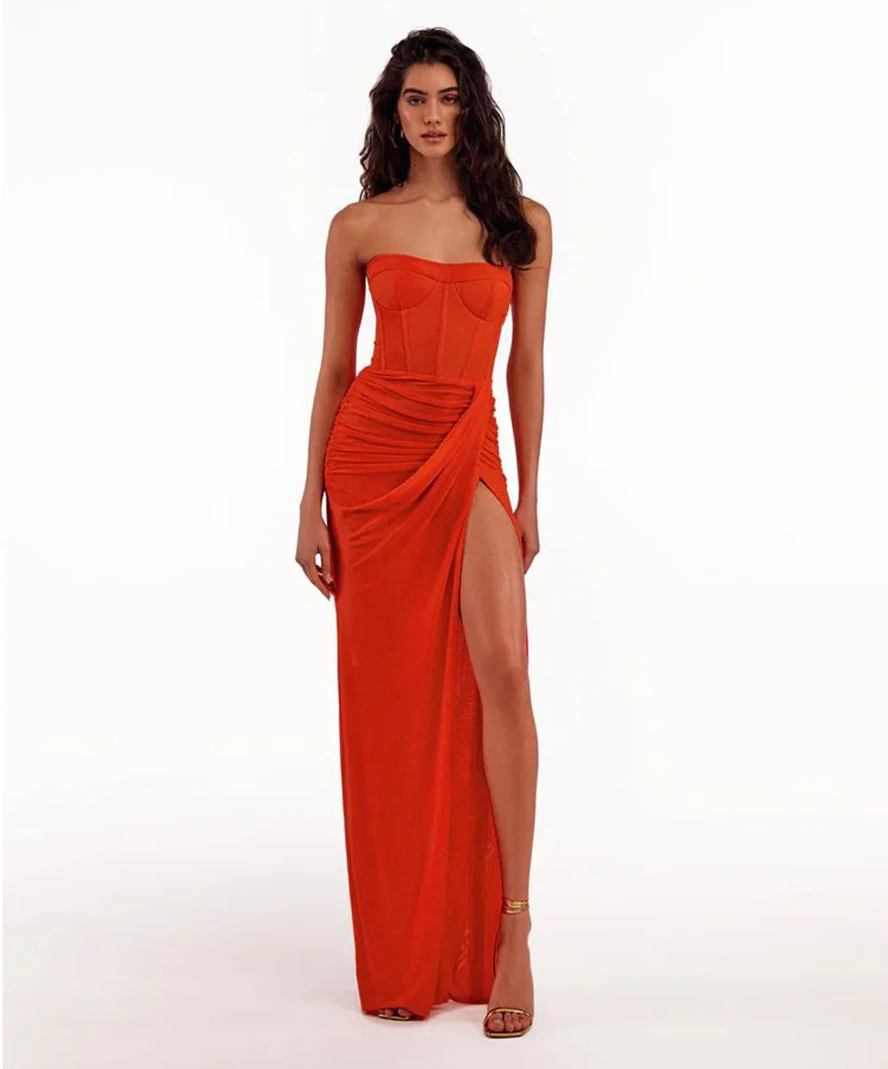 Summer Women Sexy Strapless Bodycon Mid-calf Bodycon High Split Dress Fashion Wedding Mermaid Celebrate Party Dress