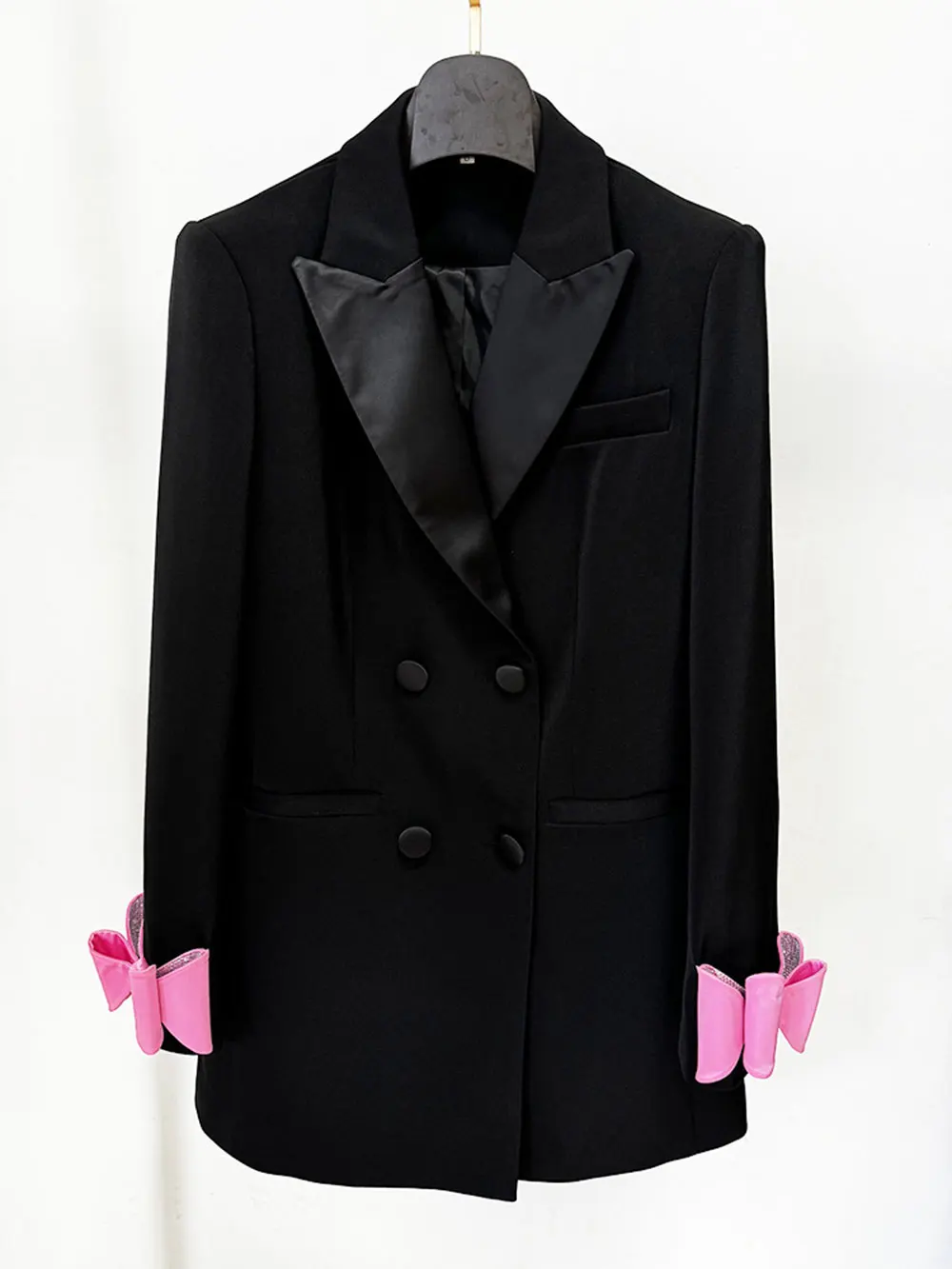 2024 Autumn Elegant Women's OL Medium length Blazer Collar Long Sleeve Double breasted Water Diamond Bow Decoration Blazer Dress - Image 5