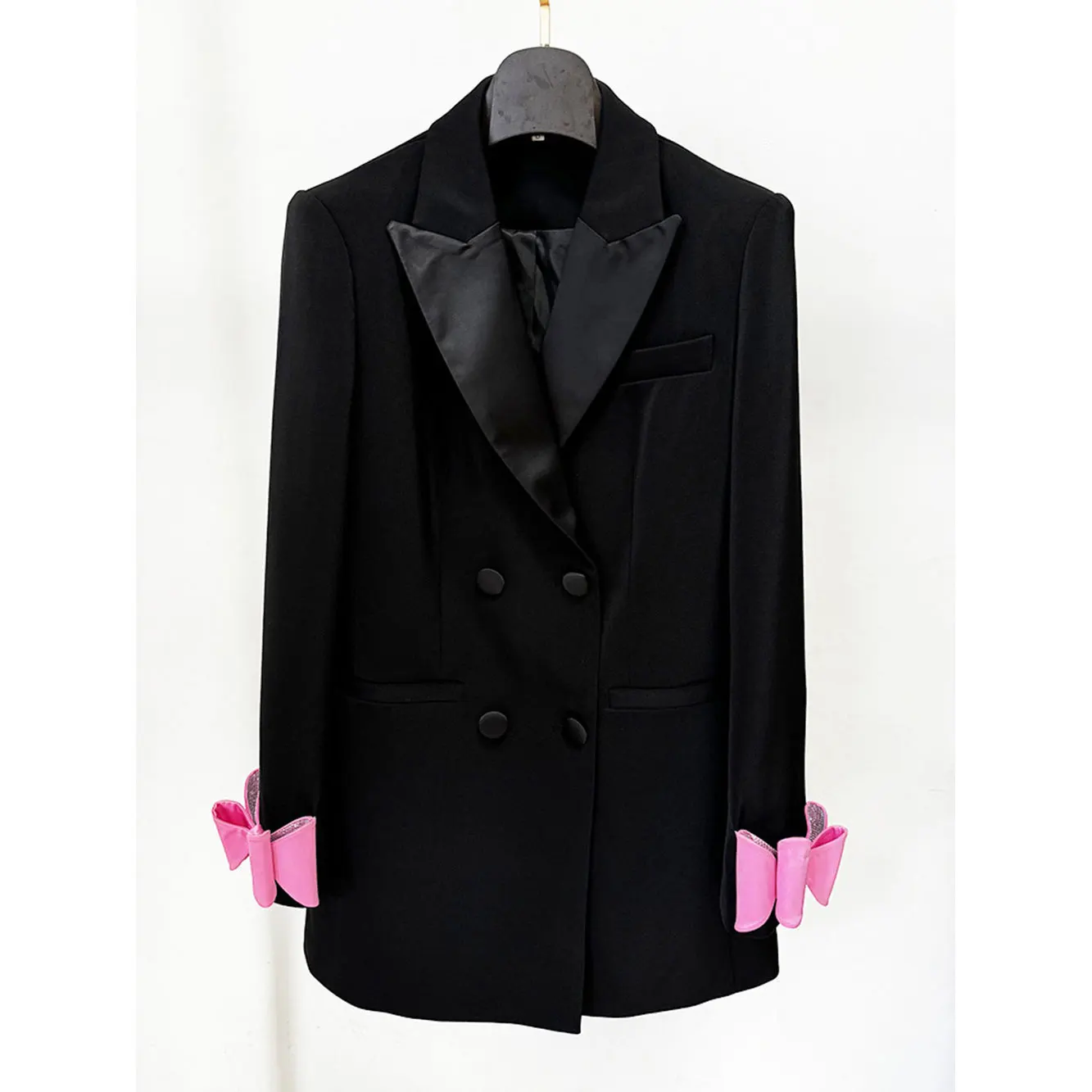 2024 Autumn Elegant Women's OL Medium length Blazer Collar Long Sleeve Double breasted Water Diamond Bow Decoration Blazer Dress - Image 7