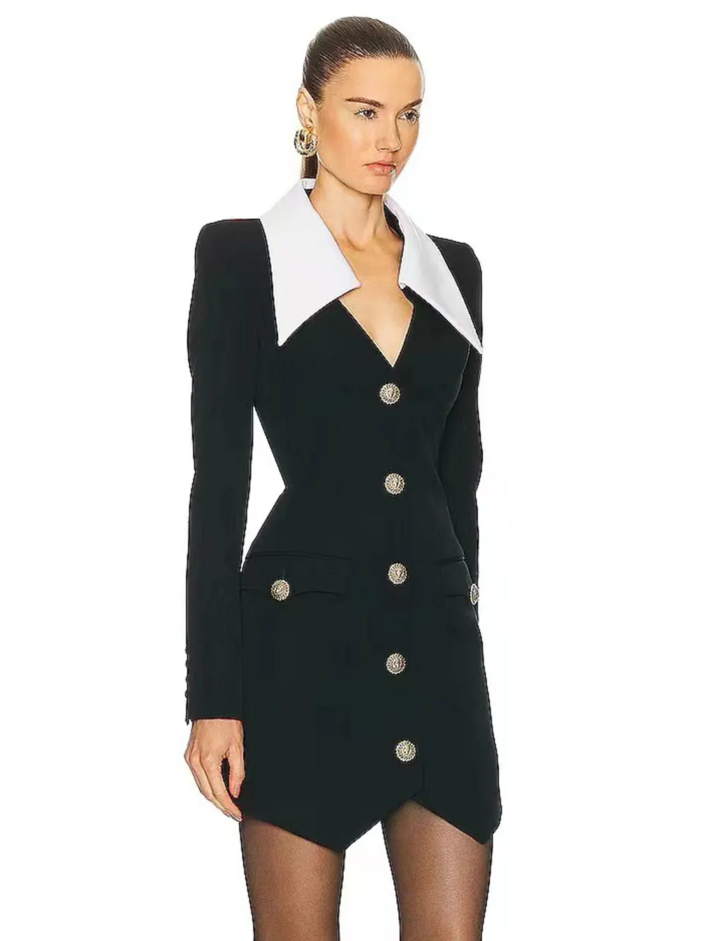 2024 Autumn Women Elegant Bandage Dress with Large Collar Long Sleeve Button Design Bodycon Asymmetric Mini Dress Party Vestidos - Image 2