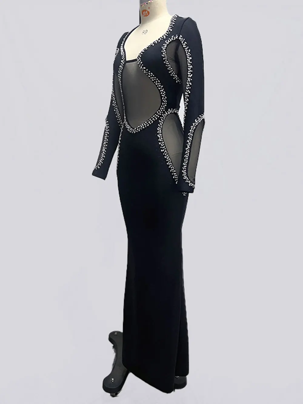 2024 Autumn Women's Light Luxury Diamond Mesh Patchwork Bandage Dress Long Sleeve Bodycon Tail Dresses Evening Party Vestidos - Image 2