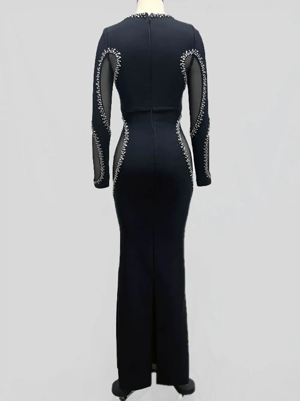 2024 Autumn Women's Light Luxury Diamond Mesh Patchwork Bandage Dress Long Sleeve Bodycon Tail Dresses Evening Party Vestidos - Image 3