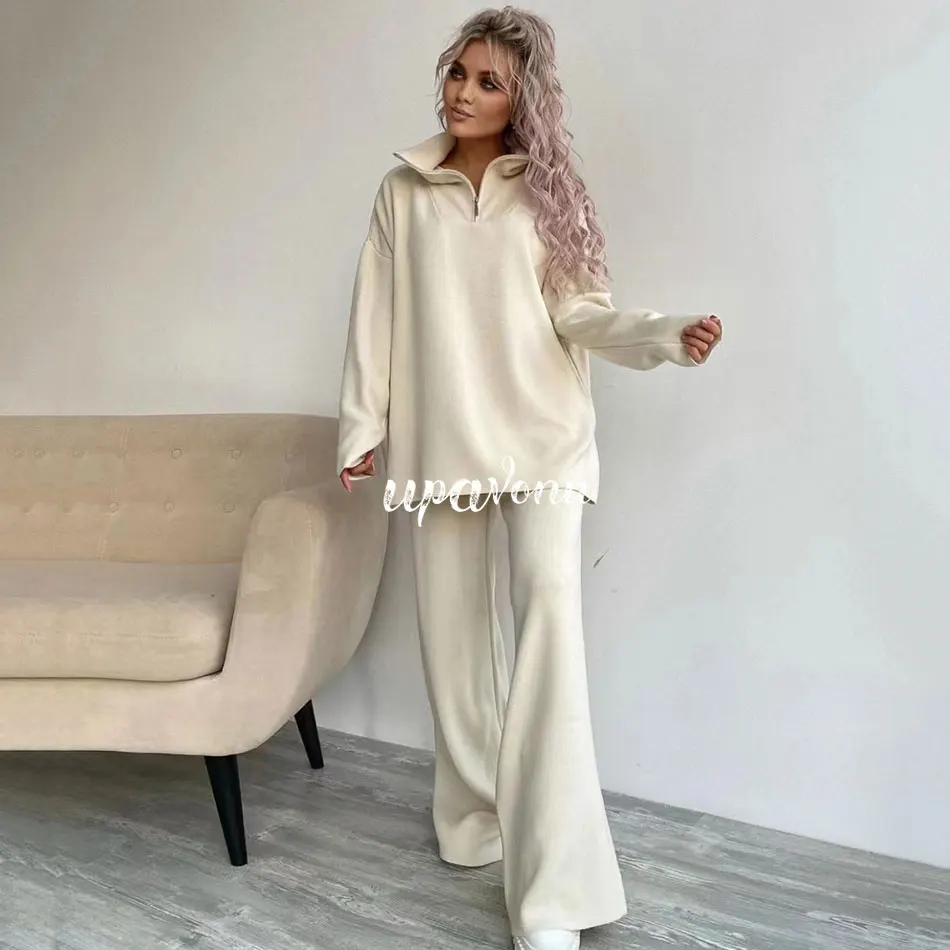 2024 Casual Autumn Loose Knit Sweater Set Fashion Zip Lapel Long Sleeve Pullover Sweater & Straight Pants Two-piece Set - Image 10