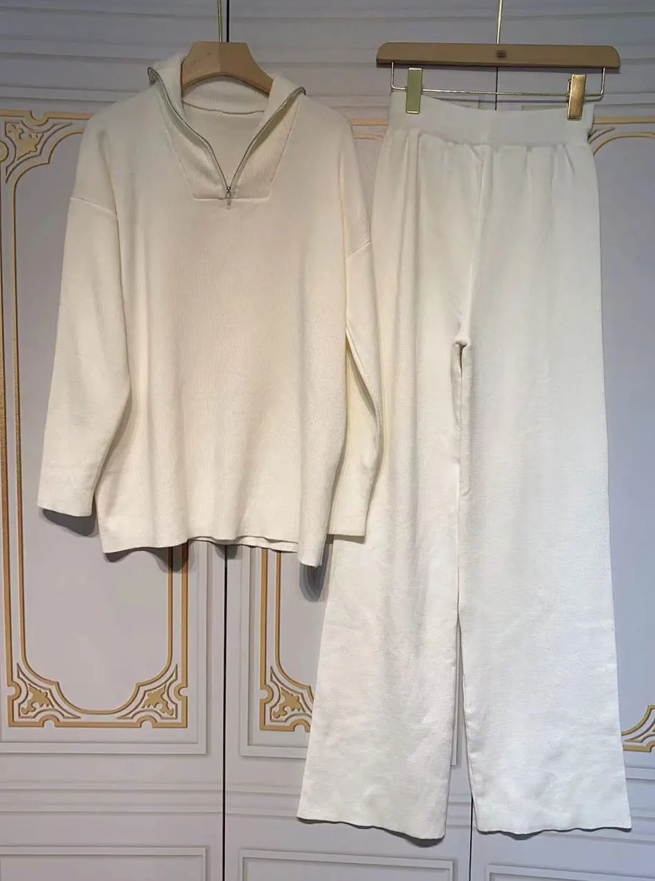 2024 Casual Autumn Loose Knit Sweater Set Fashion Zip Lapel Long Sleeve Pullover Sweater & Straight Pants Two-piece Set - Image 2