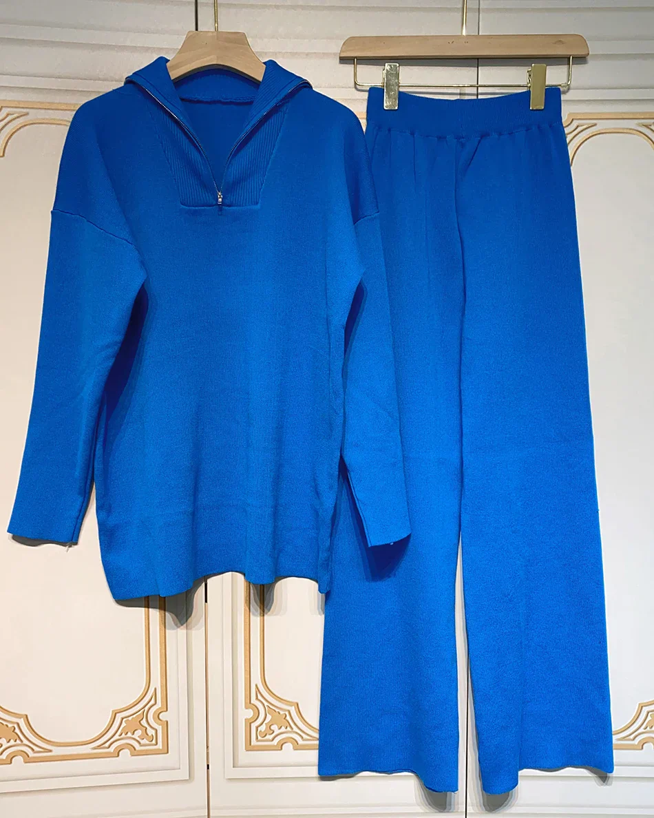 2024 Casual Autumn Loose Knit Sweater Set Fashion Zip Lapel Long Sleeve Pullover Sweater & Straight Pants Two-piece Set - Image 3