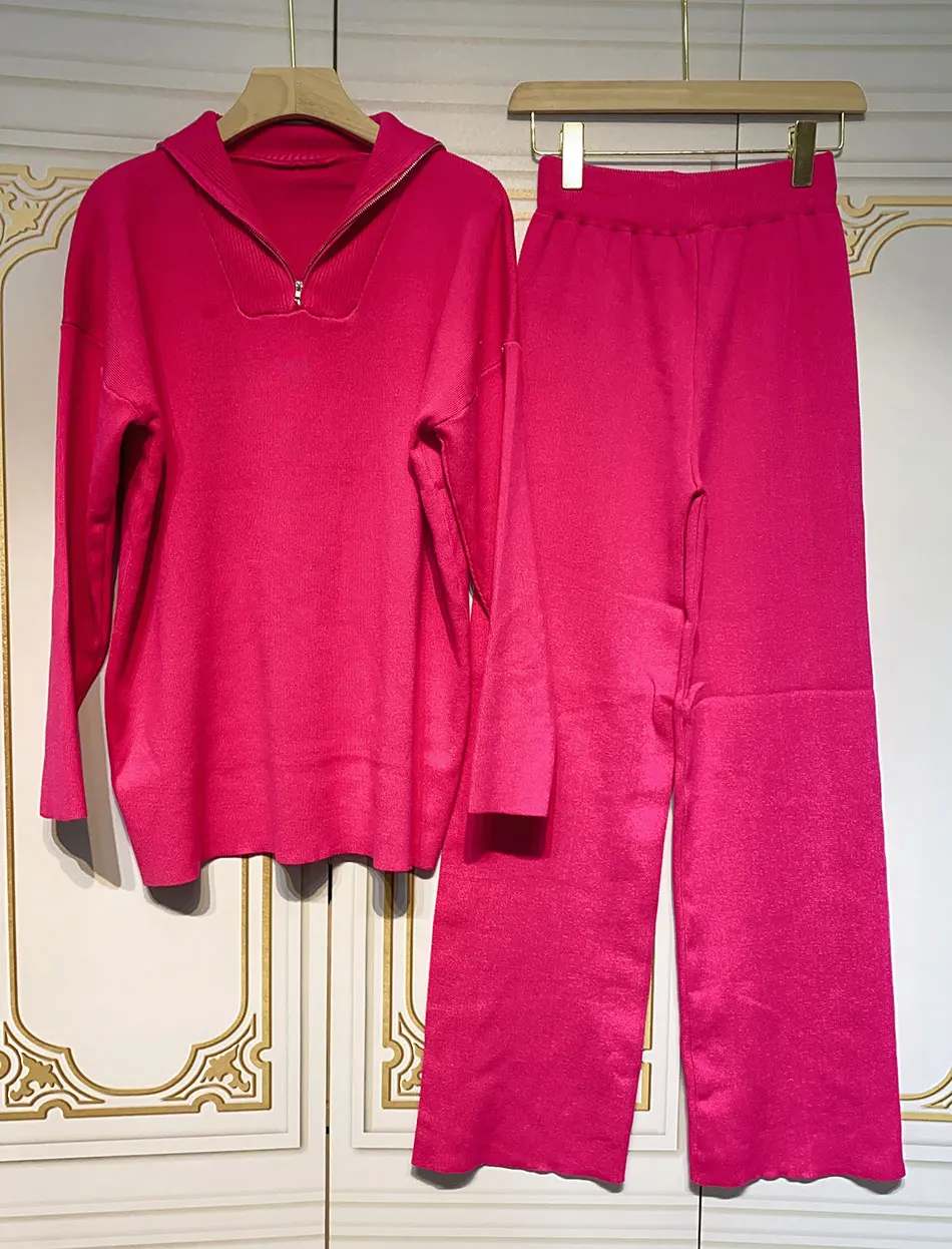 2024 Casual Autumn Loose Knit Sweater Set Fashion Zip Lapel Long Sleeve Pullover Sweater & Straight Pants Two-piece Set - Image 4