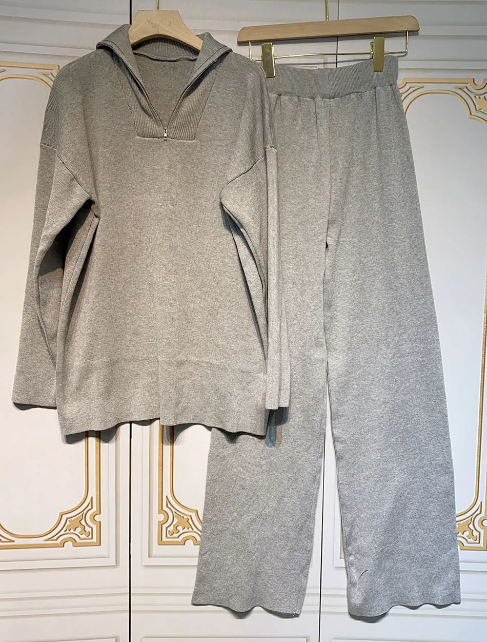 2024 Casual Autumn Loose Knit Sweater Set Fashion Zip Lapel Long Sleeve Pullover Sweater & Straight Pants Two-piece Set - Image 5