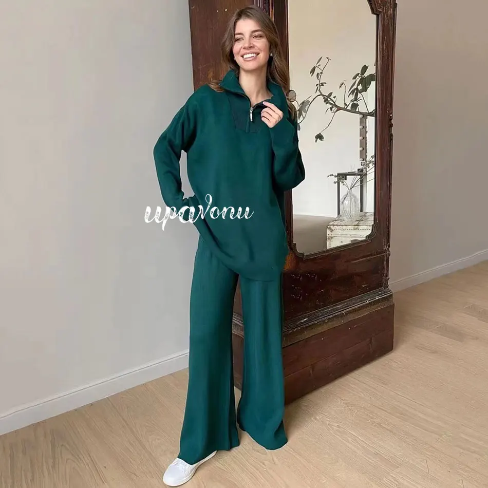 2024 Casual Autumn Loose Knit Sweater Set Fashion Zip Lapel Long Sleeve Pullover Sweater & Straight Pants Two-piece Set - Image 9