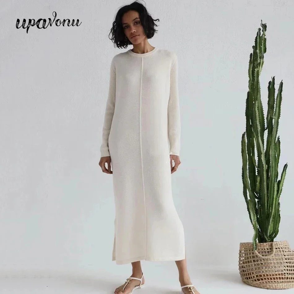 2024 Casual Midi Knit Dress Women's O-neck Long Sleeve Split Straight Dresses Autumn Pure Color Knit Vestidos - Image 10