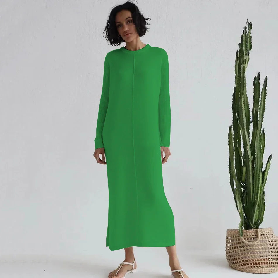 2024 Casual Midi Knit Dress Women's O-neck Long Sleeve Split Straight Dresses Autumn Pure Color Knit Vestidos - Image 15