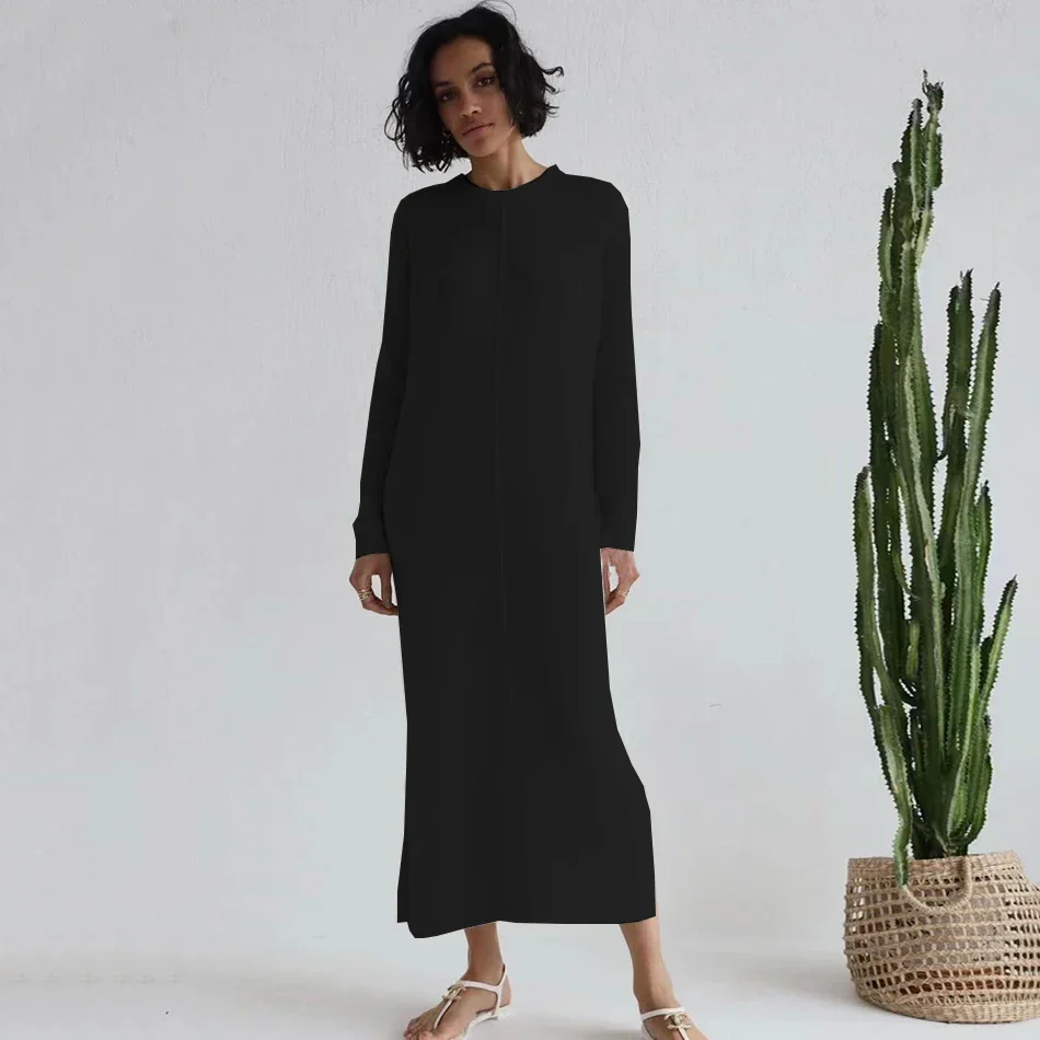 2024 Casual Midi Knit Dress Women's O-neck Long Sleeve Split Straight Dresses Autumn Pure Color Knit Vestidos - Image 17