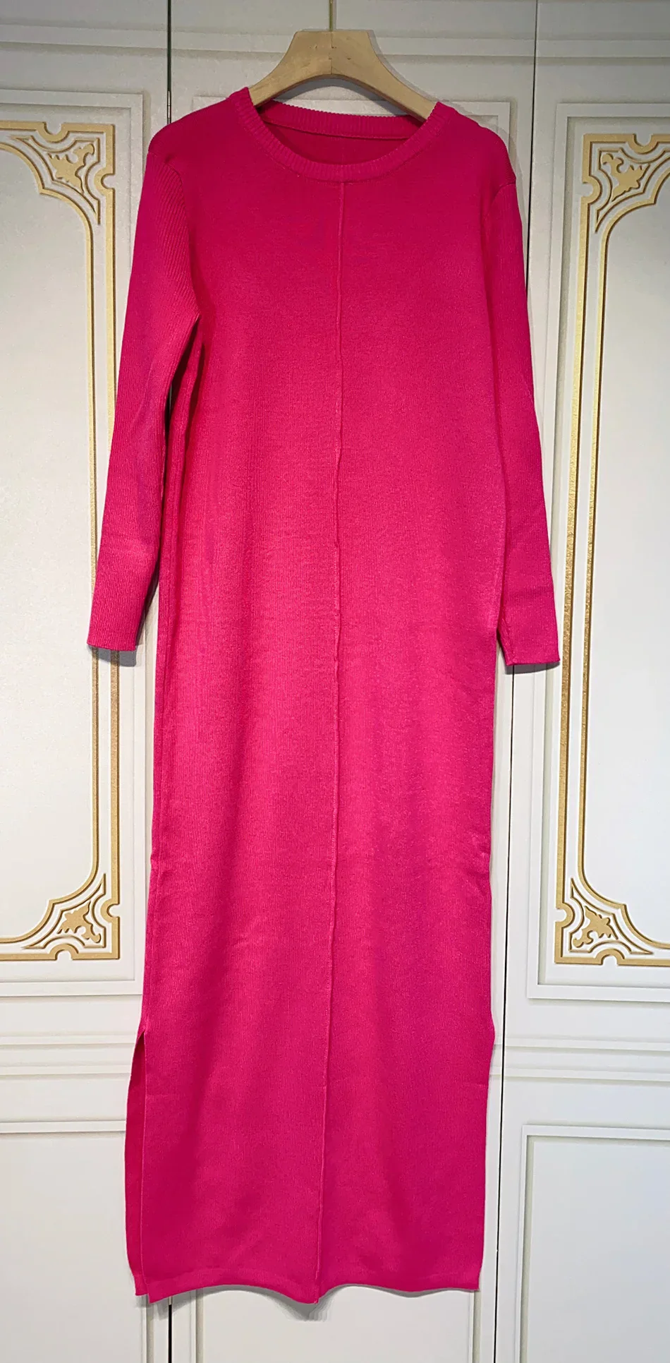 2024 Casual Midi Knit Dress Women's O-neck Long Sleeve Split Straight Dresses Autumn Pure Color Knit Vestidos - Image 2
