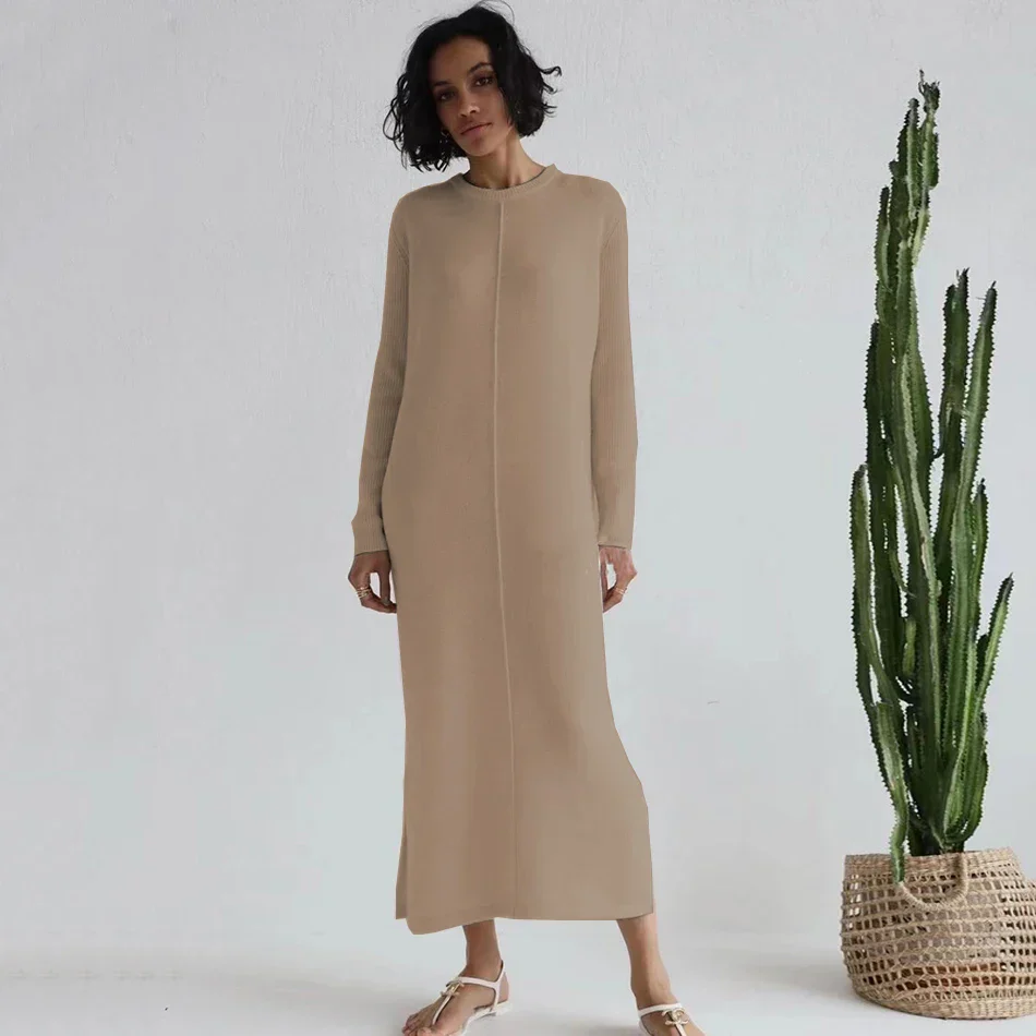 2024 Casual Midi Knit Dress Women's O-neck Long Sleeve Split Straight Dresses Autumn Pure Color Knit Vestidos - Image 6