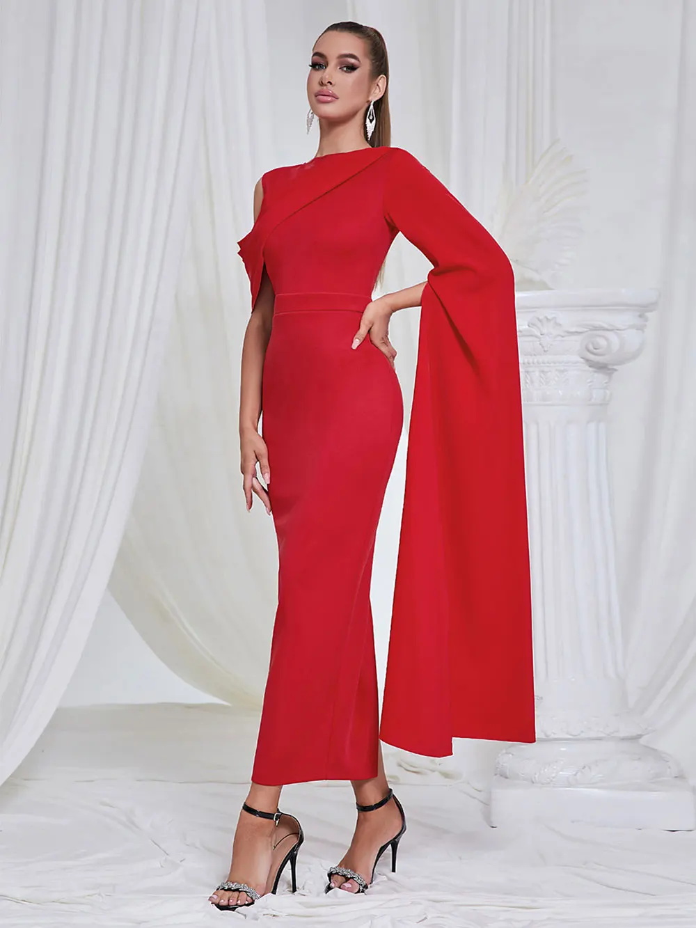 2024 Chic and Elegant Women's Red Dress O-neck Single Shoulder Oversized Trumpet Sleeve Bodycon Long Dress Evening Party Vestido - Image 2