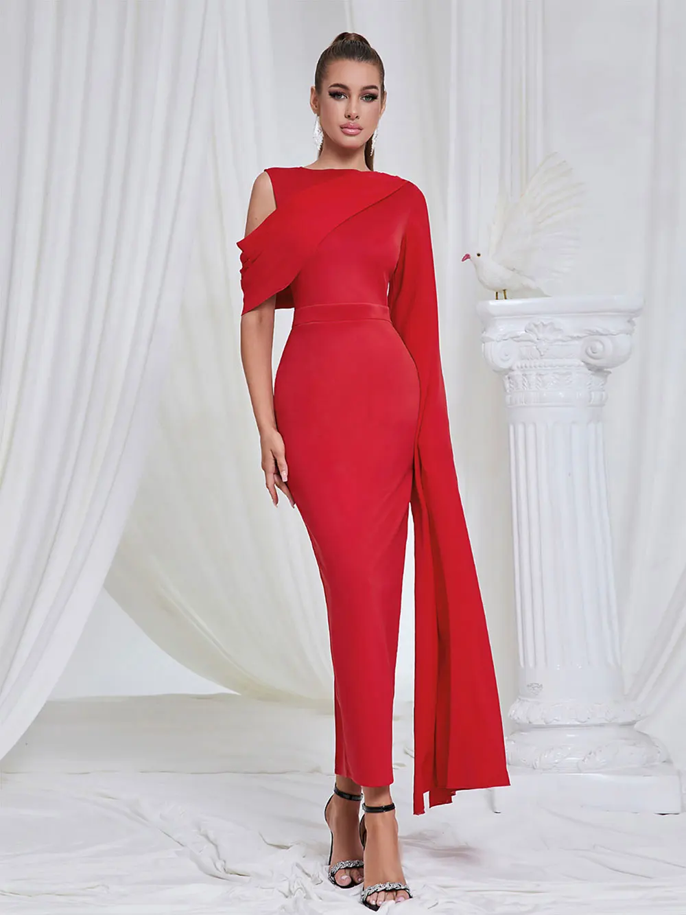 2024 Chic and Elegant Women's Red Dress O-neck Single Shoulder Oversized Trumpet Sleeve Bodycon Long Dress Evening Party Vestido - Image 3