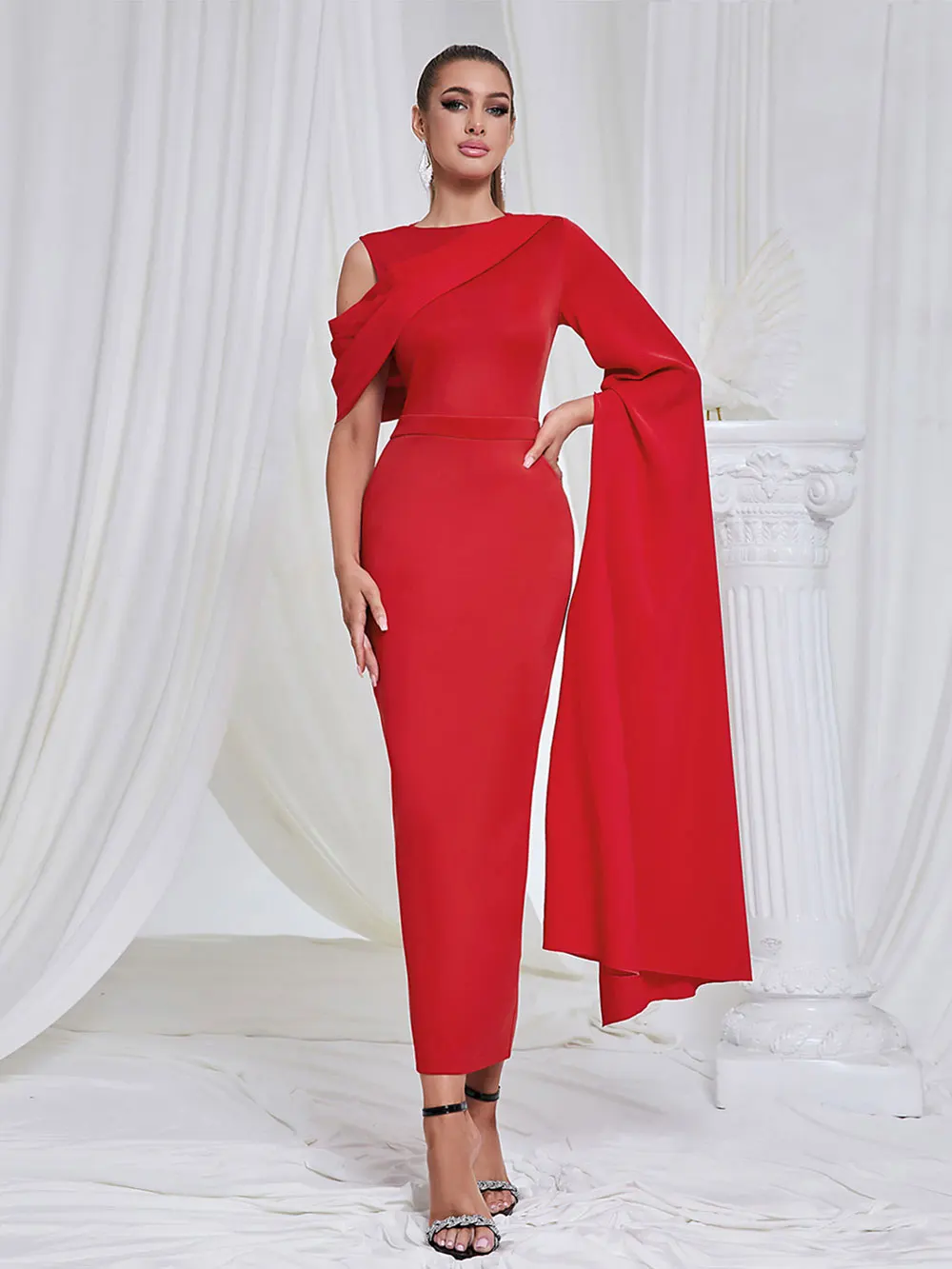 2024 Chic and Elegant Women's Red Dress O-neck Single Shoulder Oversized Trumpet Sleeve Bodycon Long Dress Evening Party Vestido - Image 7