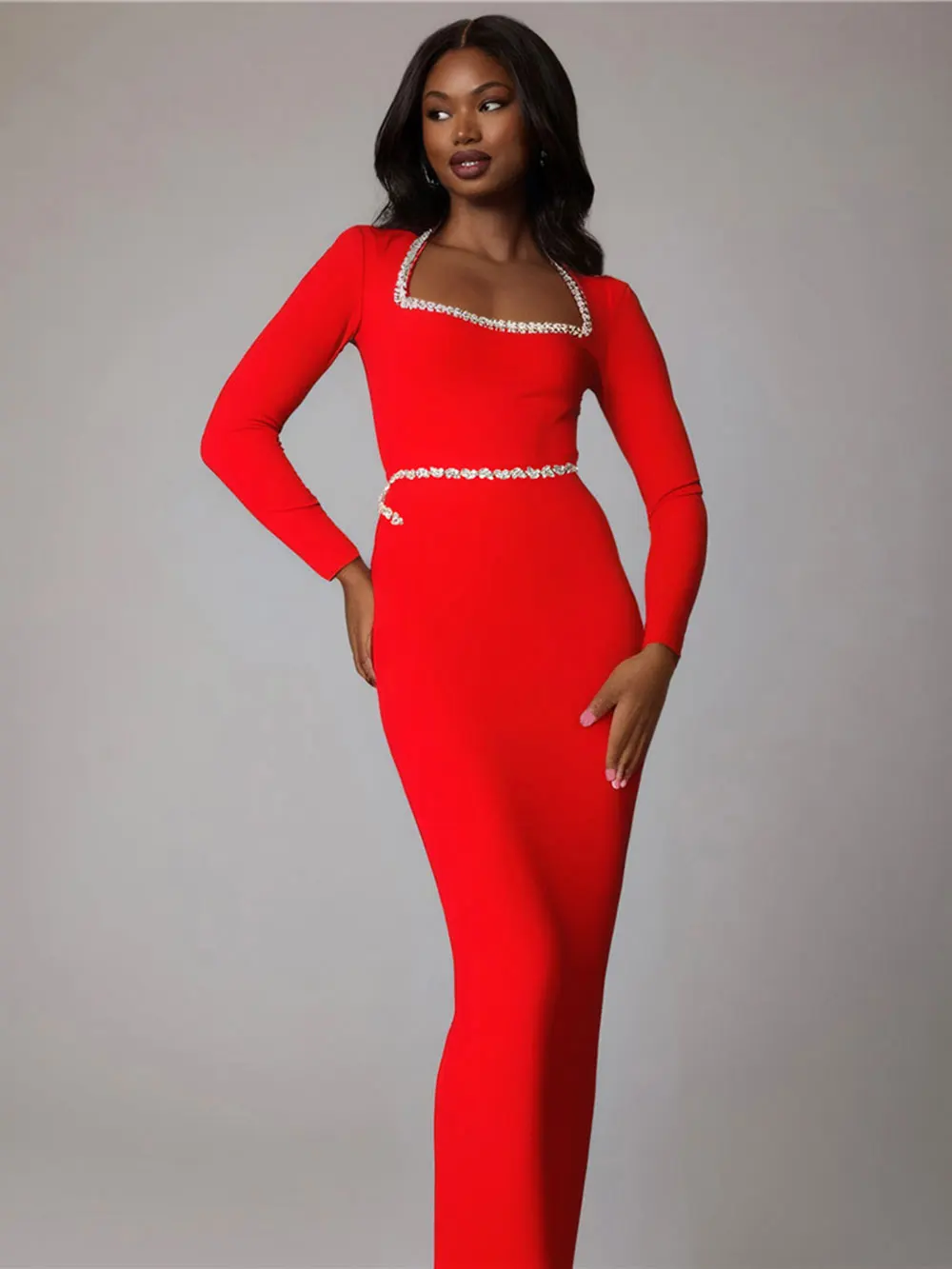 2024 Elegant Women Dress Light Luxury Diamond Design Bandage Dress Square Neck Long Sleeve Bodycon Christmas Red Dress Vestidos - Image 2