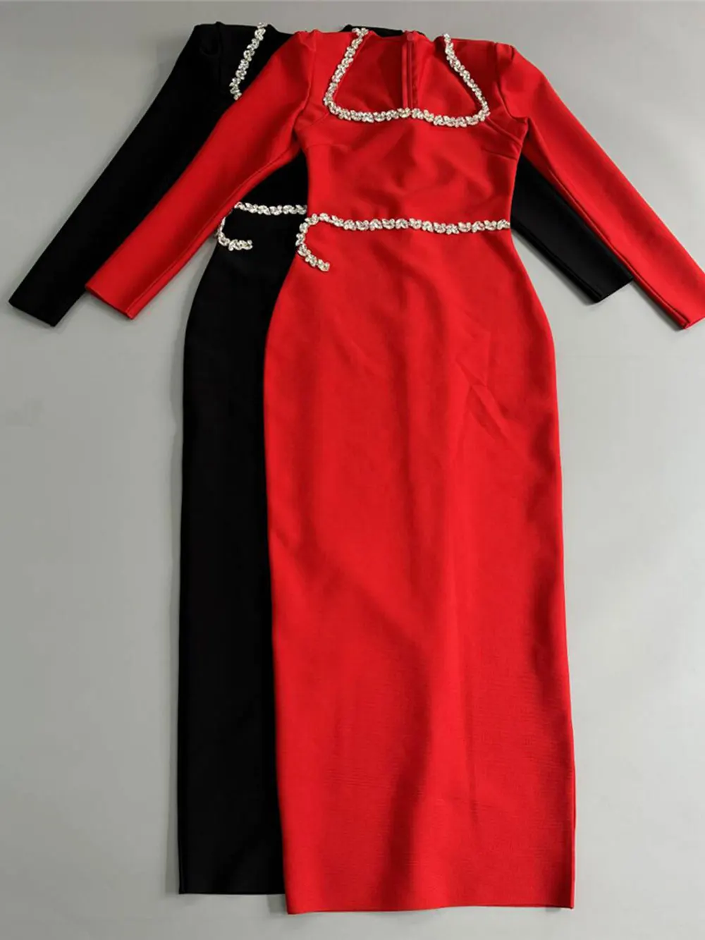 2024 Elegant Women Dress Light Luxury Diamond Design Bandage Dress Square Neck Long Sleeve Bodycon Christmas Red Dress Vestidos - Image 3
