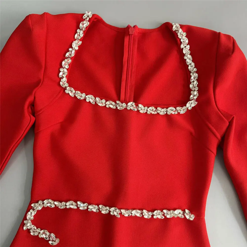 2024 Elegant Women Dress Light Luxury Diamond Design Bandage Dress Square Neck Long Sleeve Bodycon Christmas Red Dress Vestidos - Image 5