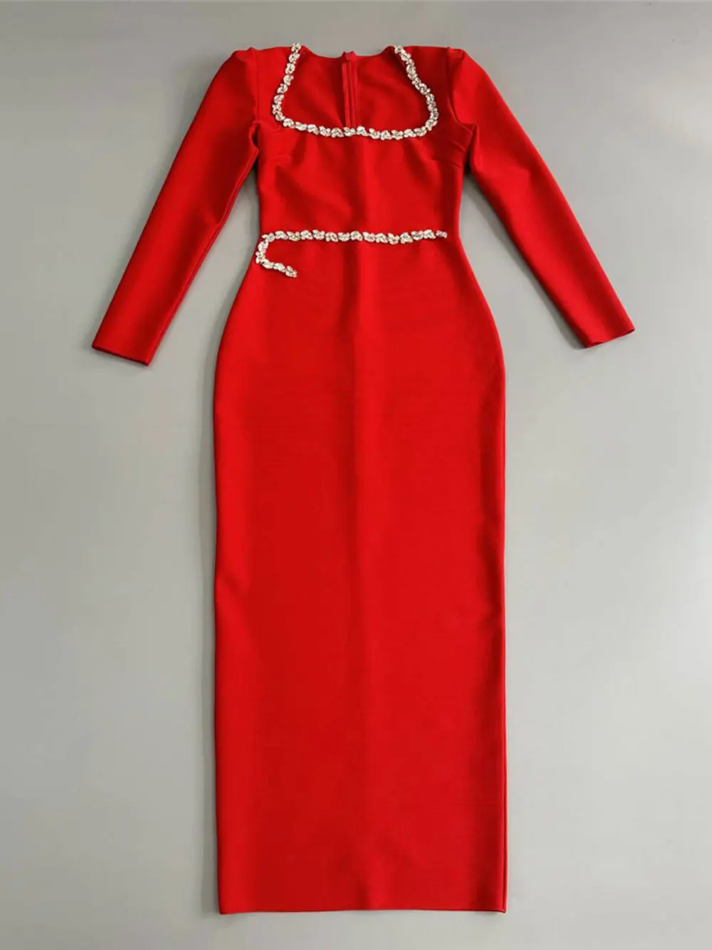 2024 Elegant Women Dress Light Luxury Diamond Design Bandage Dress Square Neck Long Sleeve Bodycon Christmas Red Dress Vestidos - Image 7