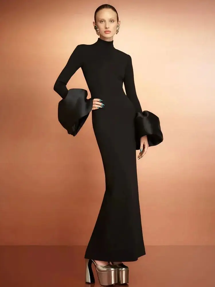 2024 Elegant Women's Black Maxi Dress Stand up Neck Flare Sleeves Bodycon Bandage Long Dresses Cocktail Evening Party Vestidos - Image 10