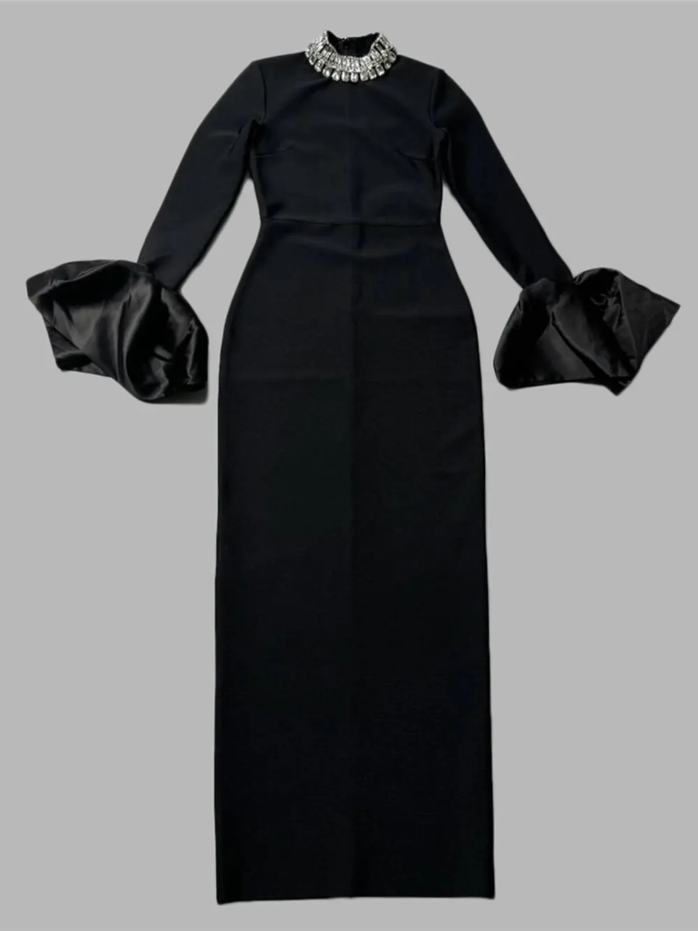 2024 Elegant Women's Black Maxi Dress Stand up Neck Flare Sleeves Bodycon Bandage Long Dresses Cocktail Evening Party Vestidos - Image 11