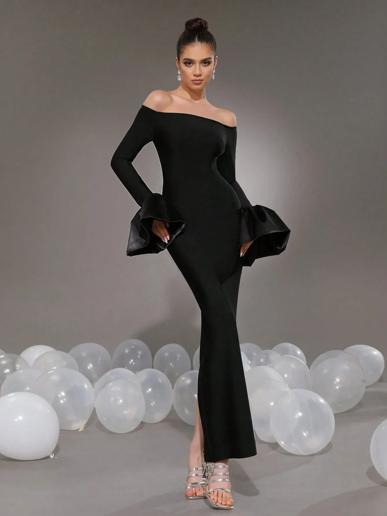 2024 Elegant Women's Black Maxi Dress Stand up Neck Flare Sleeves Bodycon Bandage Long Dresses Cocktail Evening Party Vestidos - Image 12